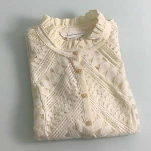 Anthropologie Ivory lace shear mandarin princess cut long sleeve blouse SZ 6 EUC